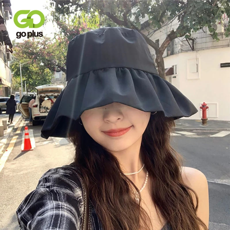 Summer Sun Hats Solid  Bucket Hat Big Brim Beach Cap Adjustable Bonnets Ruffle Sombrero Korean Fashion White Gorras Para Mujer