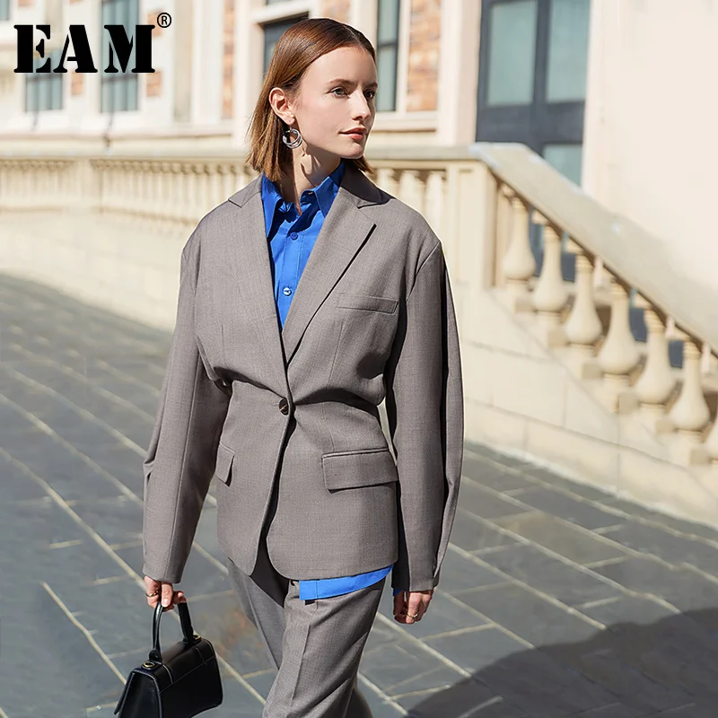 

[EAM] Loose Fit gray Single Button big size temperament Jacket New Lapel Long Sleeve Women Coat Fashion Tide Spring 2022 1S072