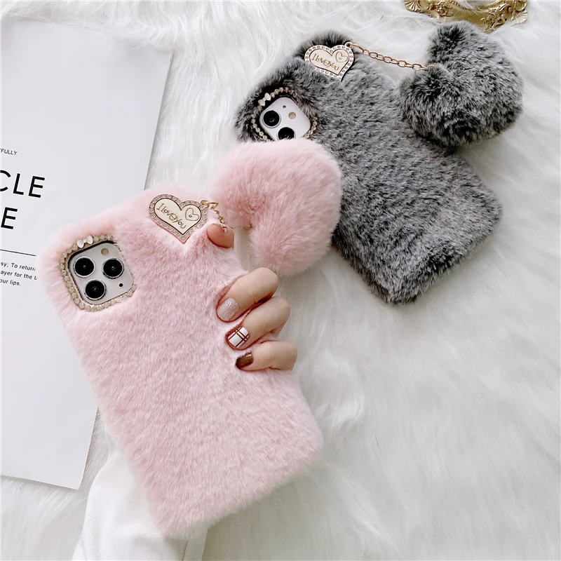 For Samsung Galaxy A21s A51 A71 A31 A12 A22 A32 A52 A72 A13 A33 A53 5G Case Warm Plush Rabbit Fur Shiny Diamond TPU Back Cover