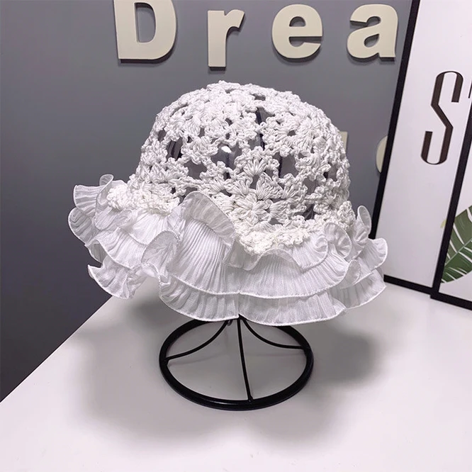 

Spring Summer Hat Japanese Little Fresh Women Hand Woven Flounced Hollow Cotton Girl Fisherman Hat Sunscreen White