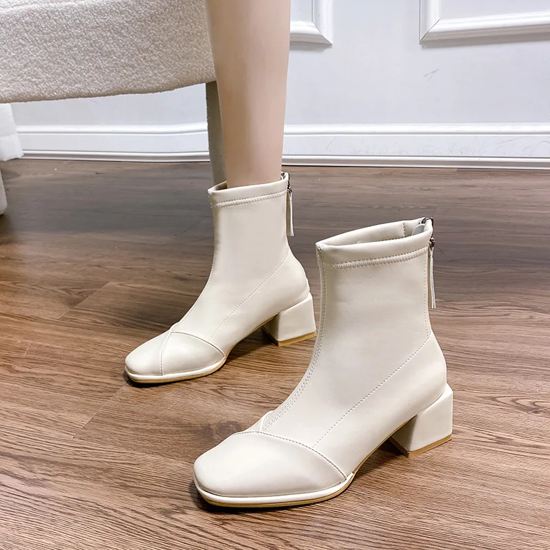 

Leather Med Heel Ankle Boots Zipper Concise Style Square Toe Modern Western British Chelsea Boots Fashion Women Boots
