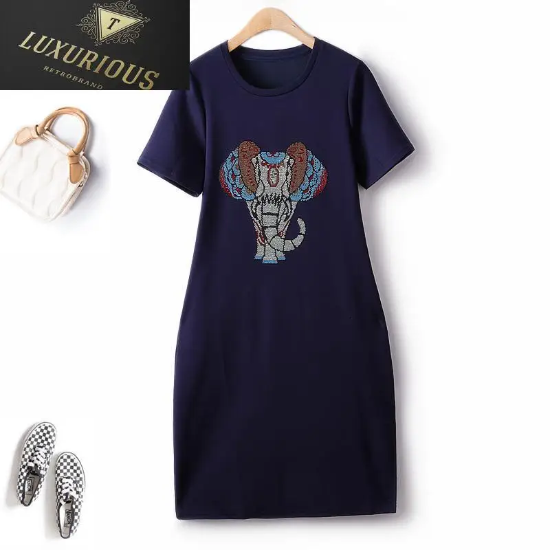 

Elegant Dresses For Women 2023 Summer New European Hot Diamond O Neck Side Slit Elastic Slim Mid Length Casual Chic Female Dress