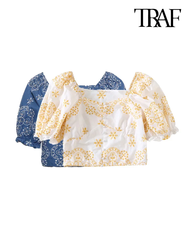 

TRAF Women Fashion Cutwork Embroidery Crop Blouses Vintage Short Puff Sleeves Side Zipper Female Shirts Blusas Chic Tops