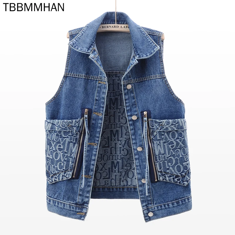

New Spring and Autumn Zipper Large Pocket Loose Denim Vest Women's Personalized Fashion Vest Waistcoat Fashion
