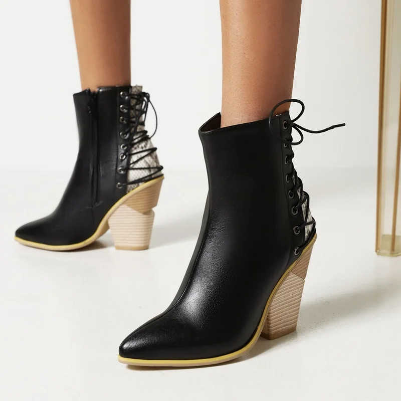 2023 Women Western Boots Fashion Pointed Toe Wedges High Heel Ladies Ankle Boots PU Leather Cross Tied Zipper Women's Boots New