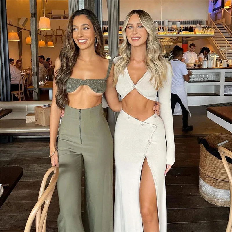 

2 Pieces Set Elegant Fashion Dress Set Sexy Slim Clubwear Square Collar Long Sleeve Crop Tops Split High Waist Midi Dresses