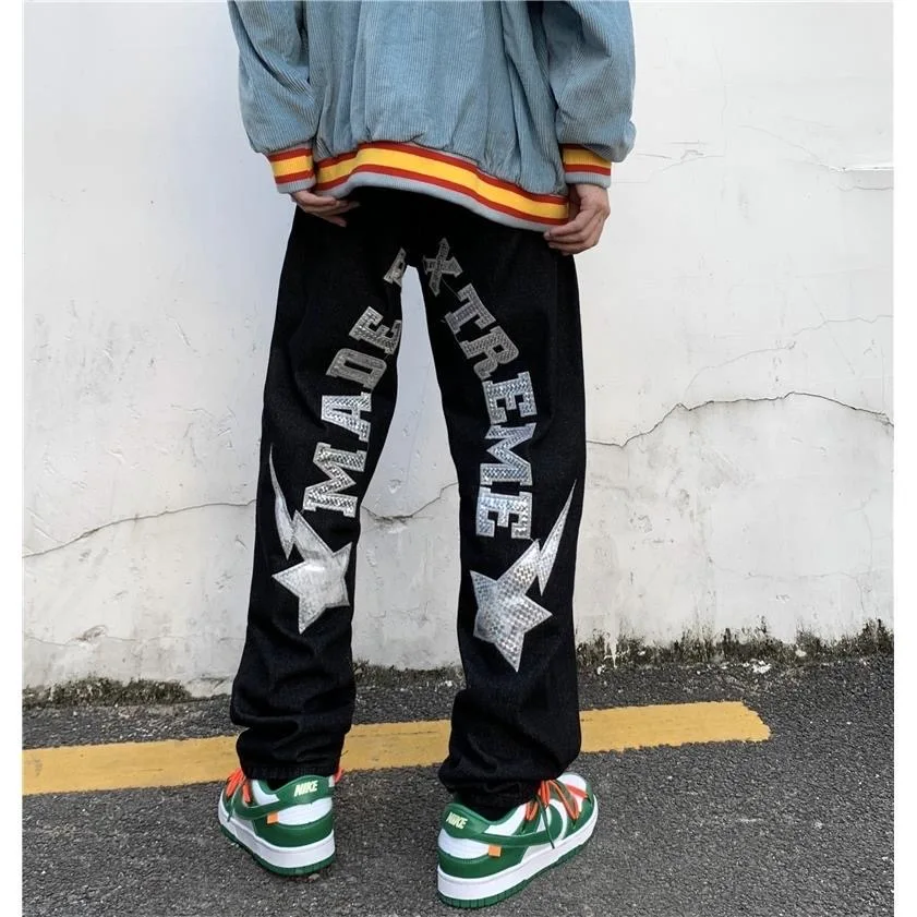 Jeans original hip-hop street lightning five-pointed star patch men and women summer loose casual wide-leg straight jeans