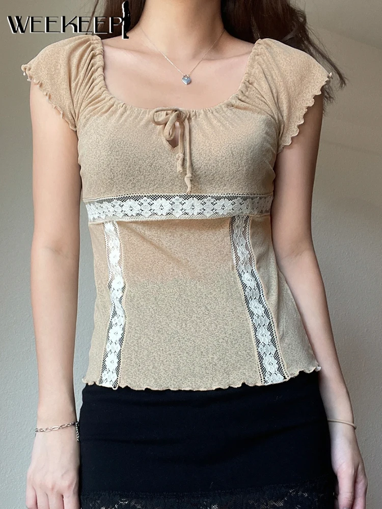 

Weekeep Y2k Ruffles Square Collar Crop Top Women Casual Lace Patchwork Short Sleeve Summer T Shirt Harajuku Basic Slim Tee 2022