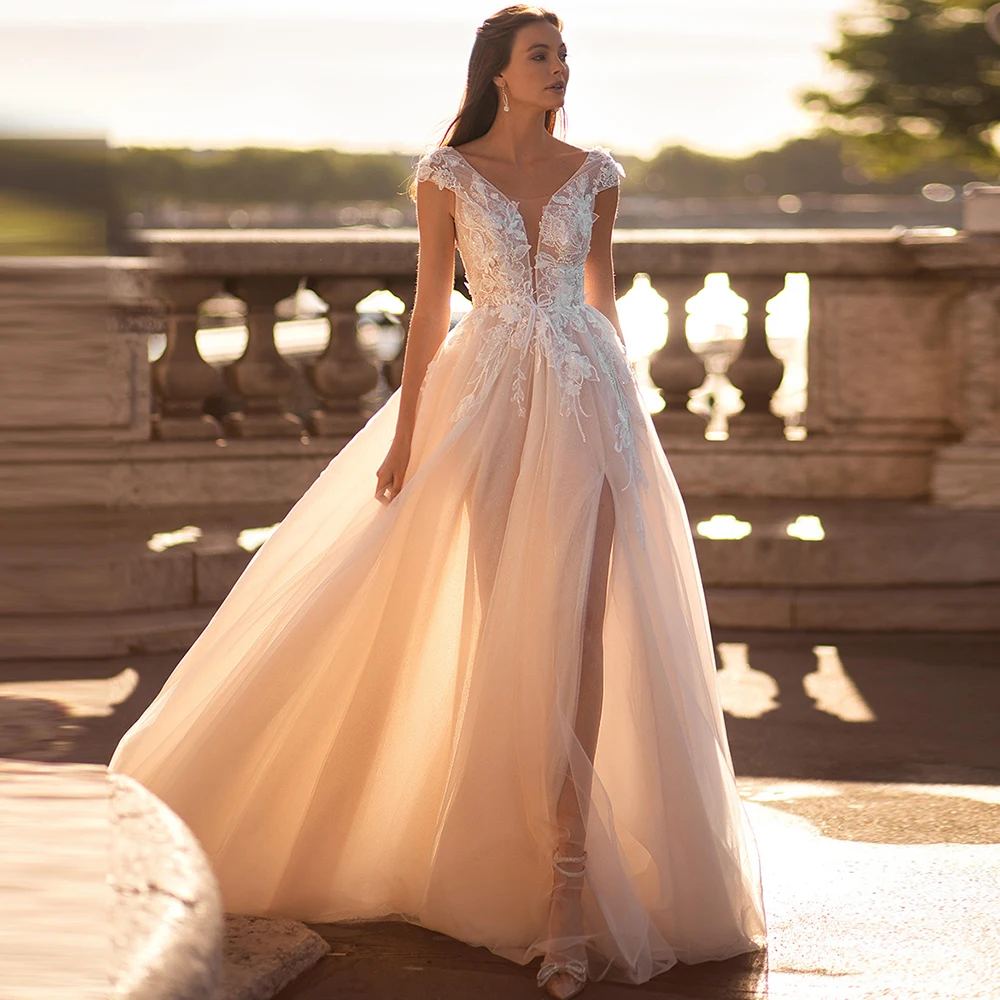 

Женское свадебное платье с разрезом, V-образным вырезом и открытой спиной