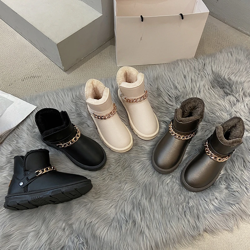 Non-Slip Snow Boots Women Shoes Woman Martin Boots Platform Metal Chain Warm Velvet Short Lattice Luxury Designer Beige Black
