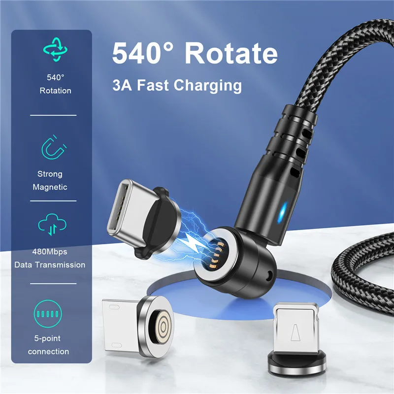 Магнитный Кабель UKGO 3 А Быстрая Зарядка Micro USB/Type-C Вращающийся 540 Градусов iPhone 15/Xiaomi
