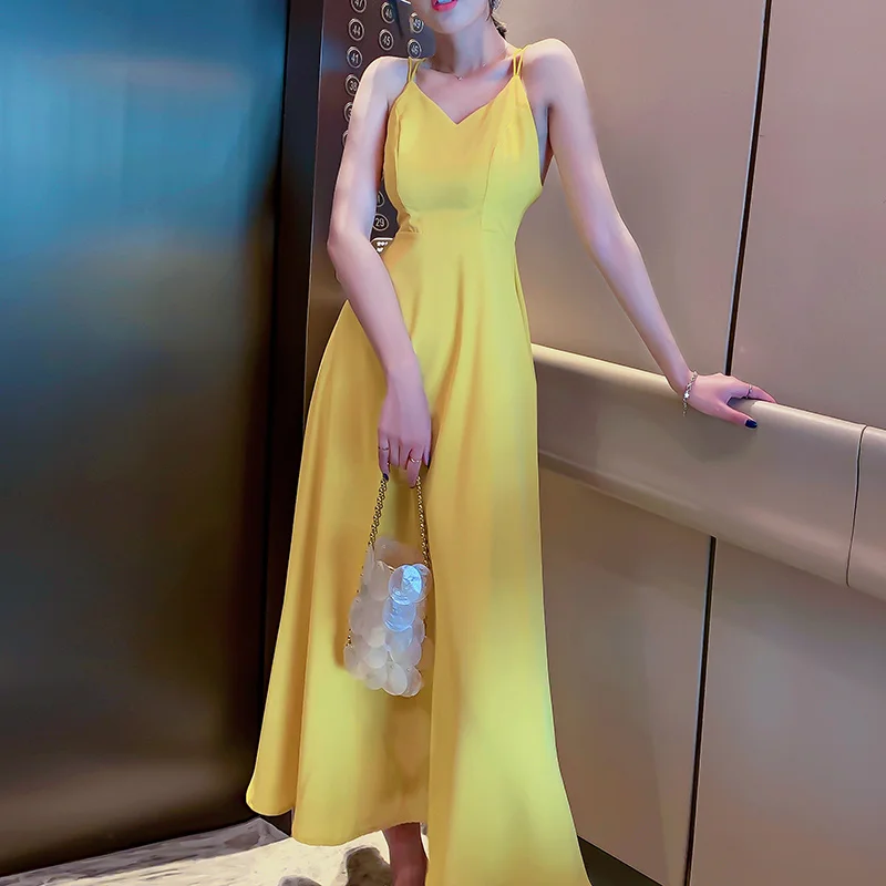 

Elegant Sexy Dresses for Women Solid Yellow Black Long Slip Dress 2022 Fashion Summer V-neck Ladies Party Night Dress
