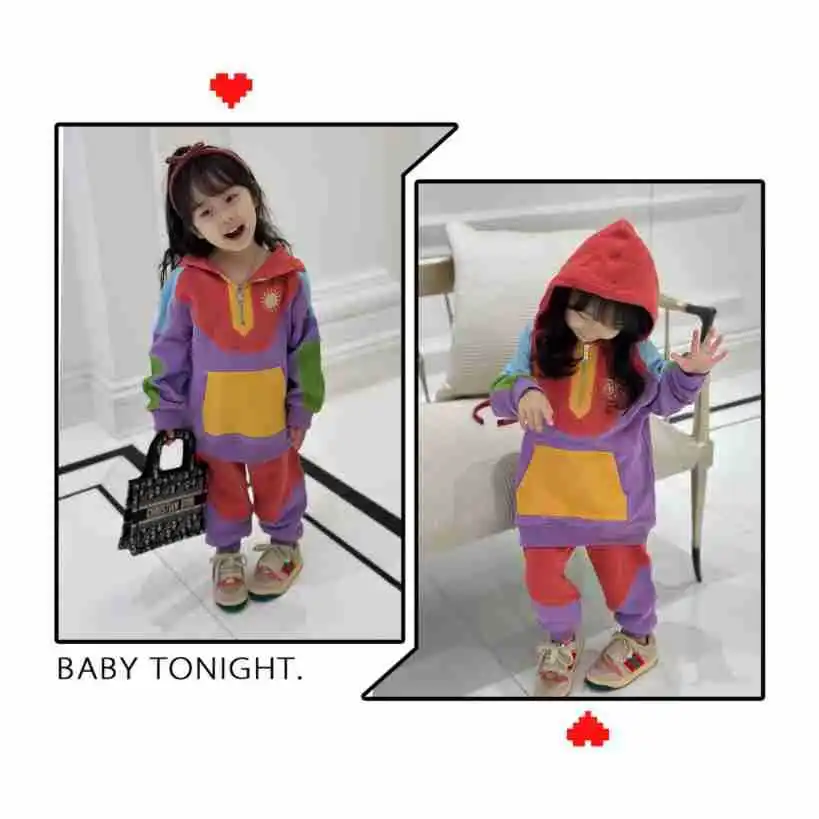 

Spot 2023 autumn and winter children's sweater set color splicing hooded sweater + color matching sweater pants