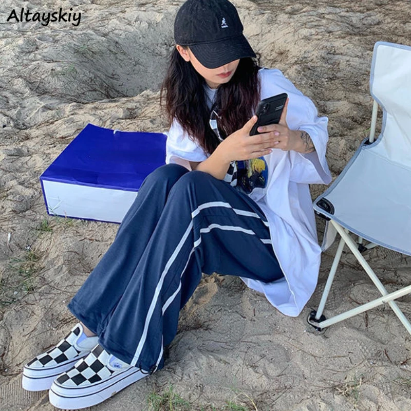 

Straight Pants Women Side-striped Design Sporty Daily All-match Casual Loose Summer Korean Style Trendy Students Simple Classic