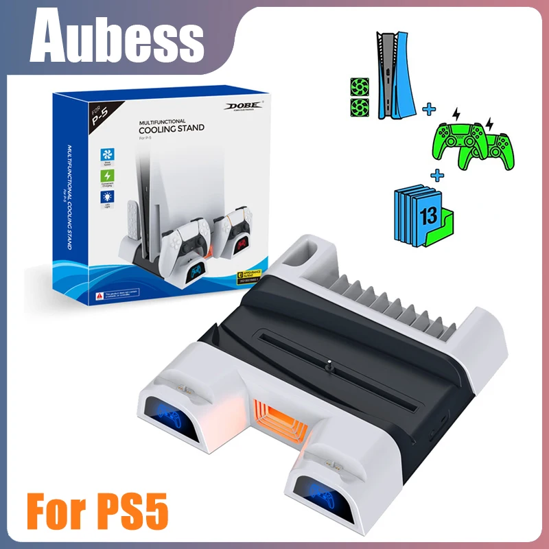

Для PS5 охлаждающая подставка светодиодный светодиодным освещением вентилятор и зарядная станция с двойным контроллером с 10 игровыми слота...