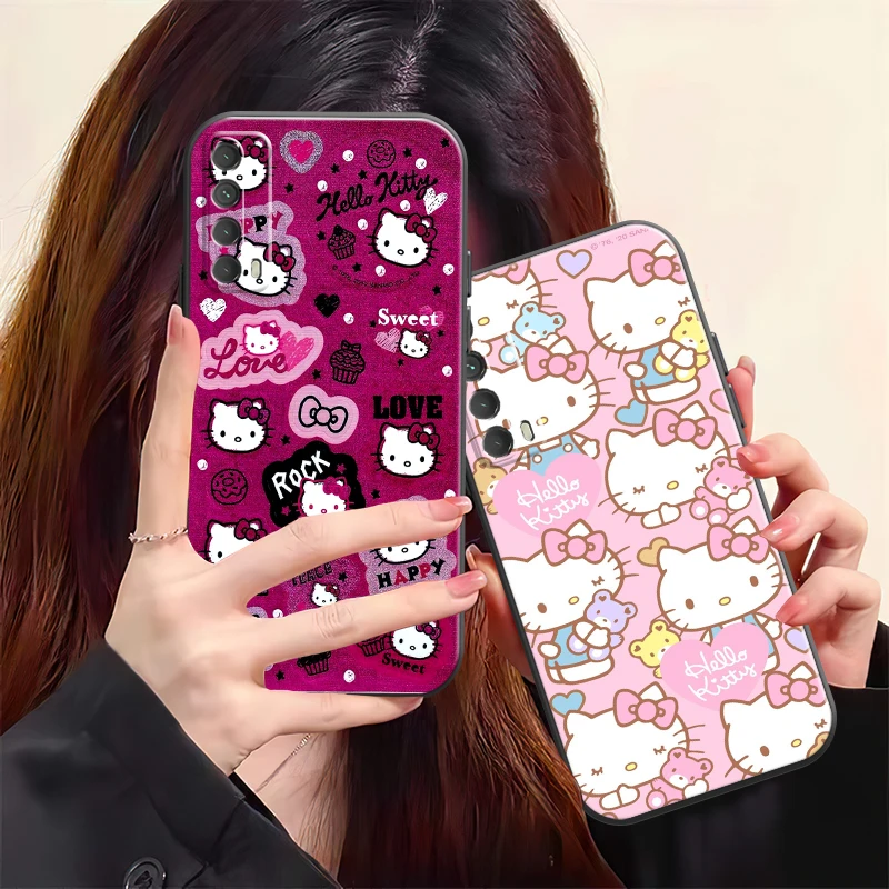 

Hello Kitty Cute Phone Case For Huawei Y7S Y9A Y6 2019 Y7P 2020 Y8S Y7 2019 Y9 2019 Black Liquid Silicon Carcasa Funda