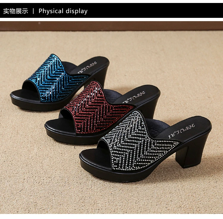 

Summer 2021 Outdoor Women's Slippers 7cm High Heel Casual Slippers Middle-aged Women Dress Slippers Diamond Top Office Slippers