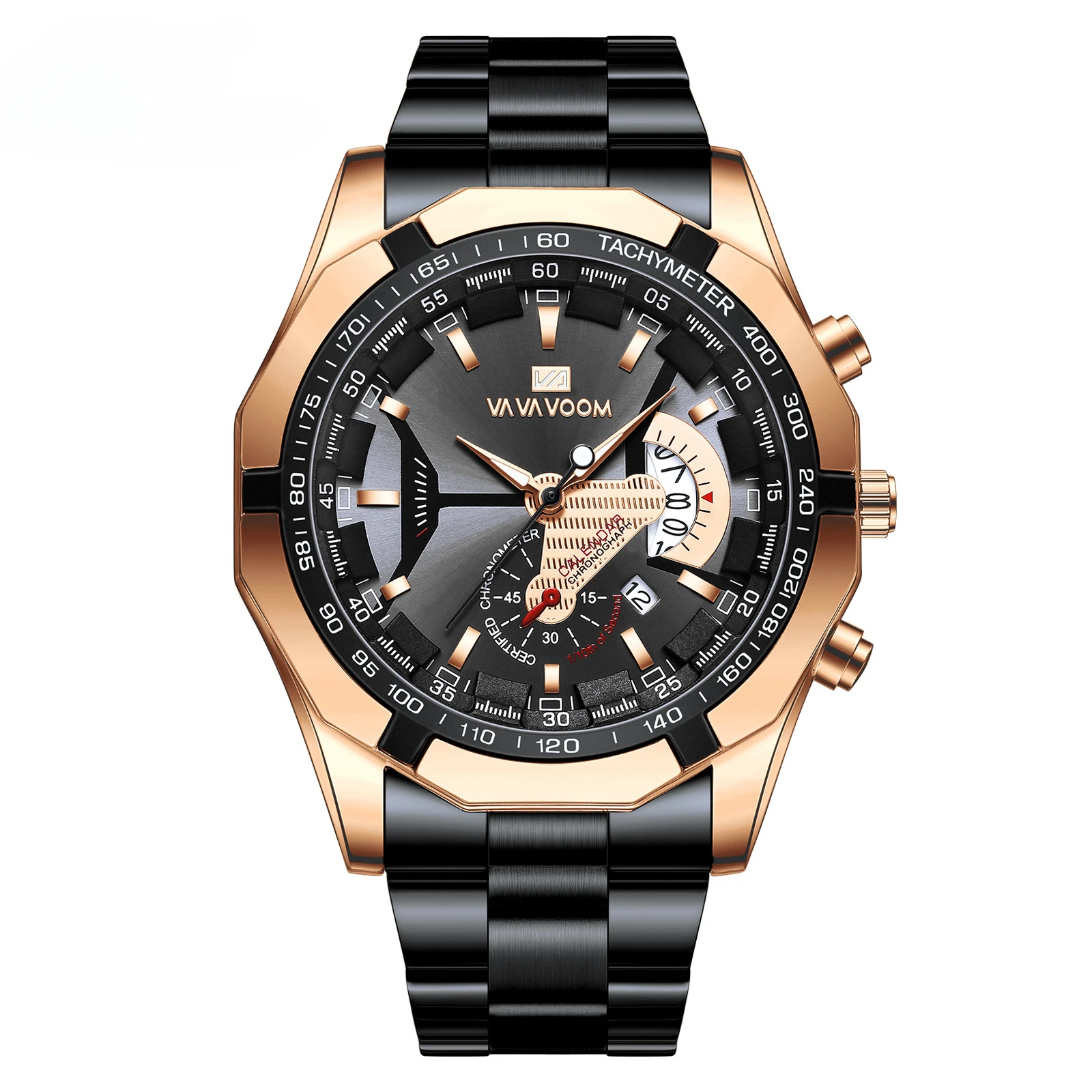 

238 Facebook dial new calendar fake three -eye decoration quartz movement steel strap men's watch