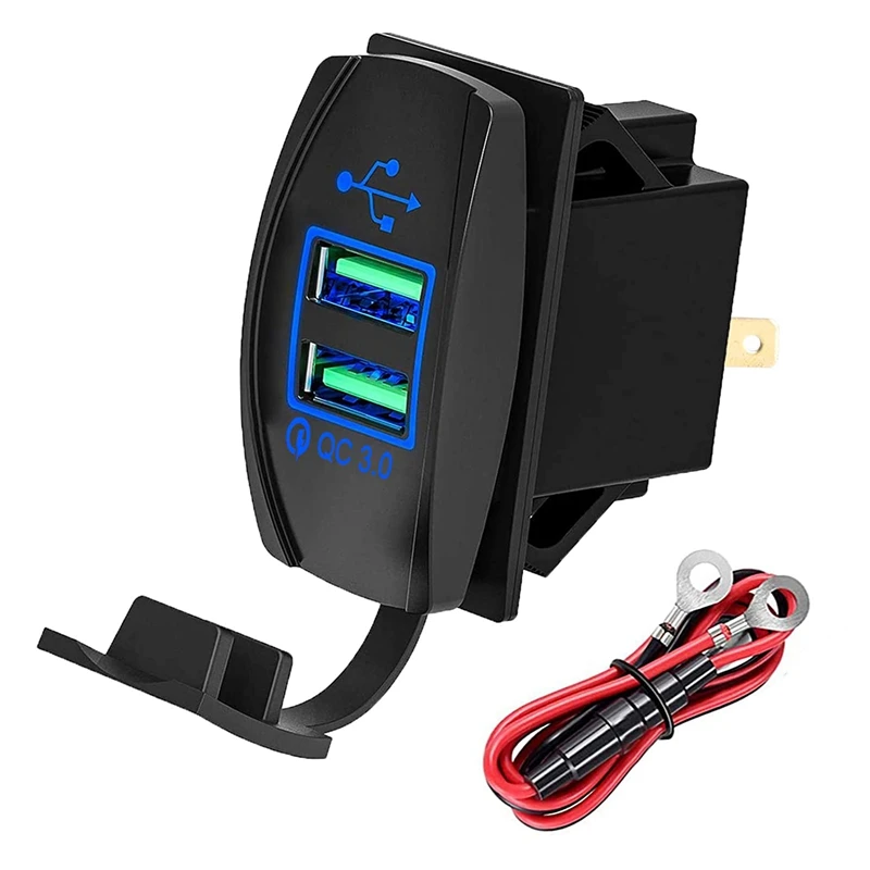 

Universal Rocker Style 12-24V Quick Charge QC 3.0 USB Charger For UTV ATV SXS Boat Car Motorcycle, With Blue LED Backlit