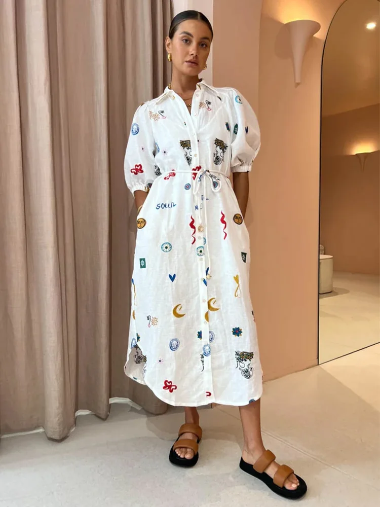 

Graffiti Printed Summer Dresses Short Sleeve Single Breasted Belts Vacation Holiday Dress Puff Sleeve Women Beach Elegant Robe