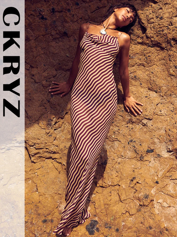 

Женские летние прозрачные облегающие платья макси без рукавов с открытой спиной в полоску Y2K, новая модная пляжная Клубная одежда для отпуска