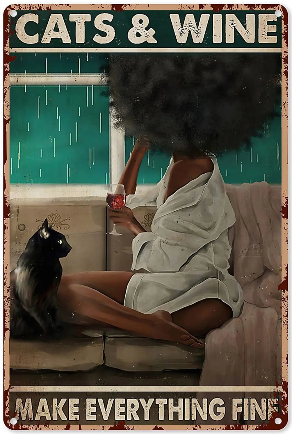 

Cat Wall Art for Girls Bedroom Cat Addiction Afro Girl Cats and Wine Tin Sign Decoration Vintage Chic Metal Poster Wall Decor