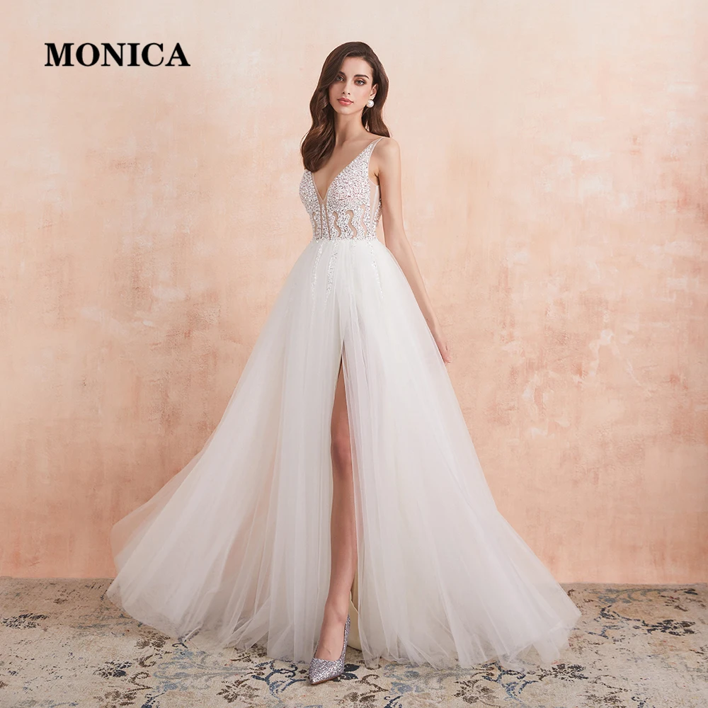 

2022V Neck Wedding Dress White Ivory Sexy High Splits Beaded Beading Pearls Crystal A Line Backless Bridal Gown Vestido De Noiva