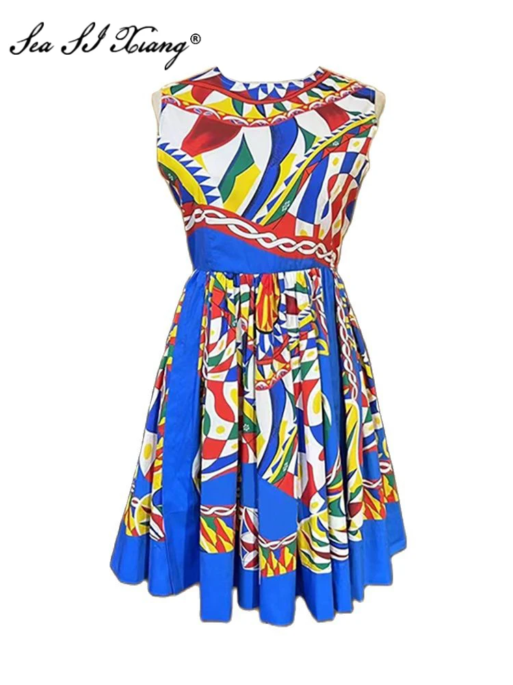 

Seasixiang Fashion Designer Summer 00% Cotton Dress Women Runway High Quality Vest Blue Plaid Colorful Print Sicily Mini Dress