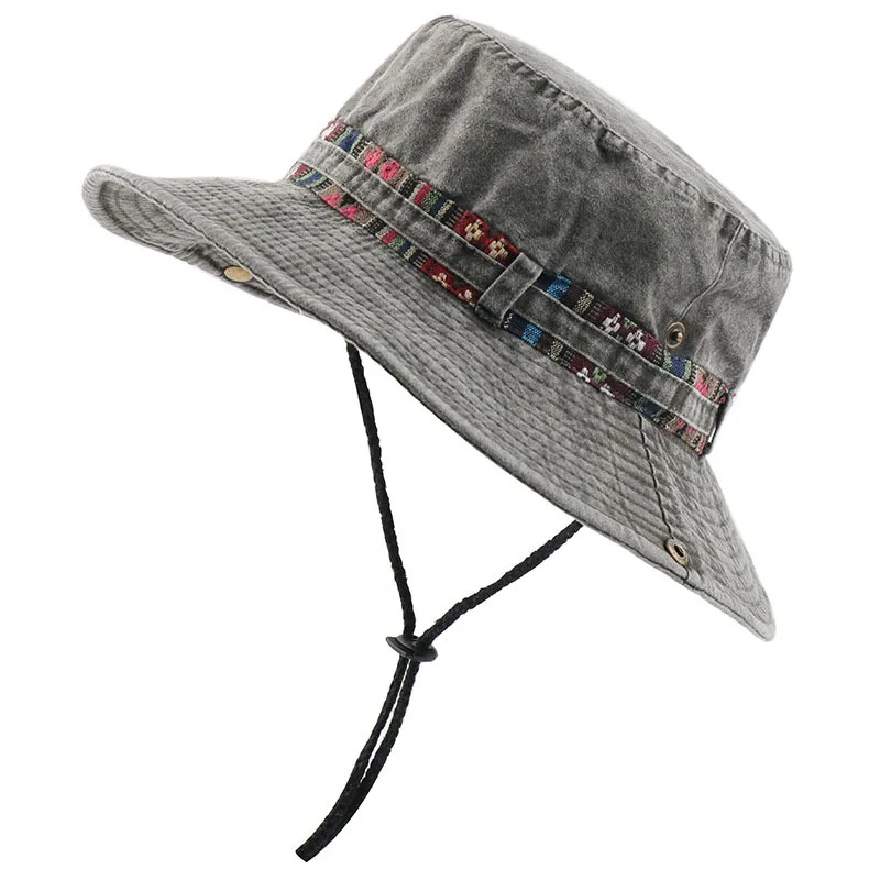 

100% Cotton With Chin Strap Boonie Cap For Women Men UV Protection Fishing Hiking Bucket Hat Wide Brim Sun Hats Panama Beach Cap