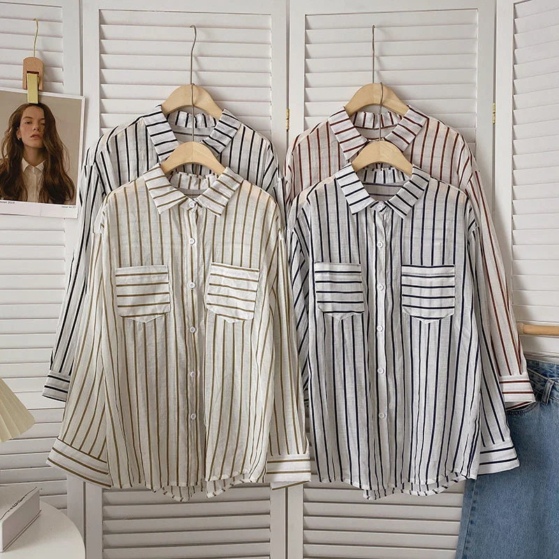 

Striped Fashion Loose Shirt Women Summer Double Pocket Long Sleeve Mesh Sunscreen Shirt Blouse