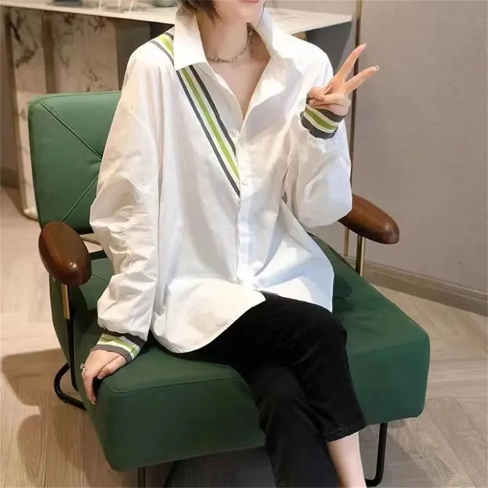 

Korean Casual Fashionable Printed White Mid-Length Shirt Women's Blouse Long Sleeve Design Unique Top