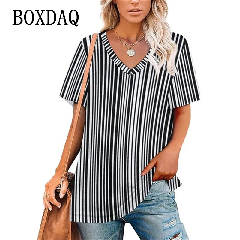 

Женская Винтажная футболка в полоску, черно-белая свободная футболка с коротким рукавом и V-образным вырезом, с принтом, в стиле оверсайз, ле...