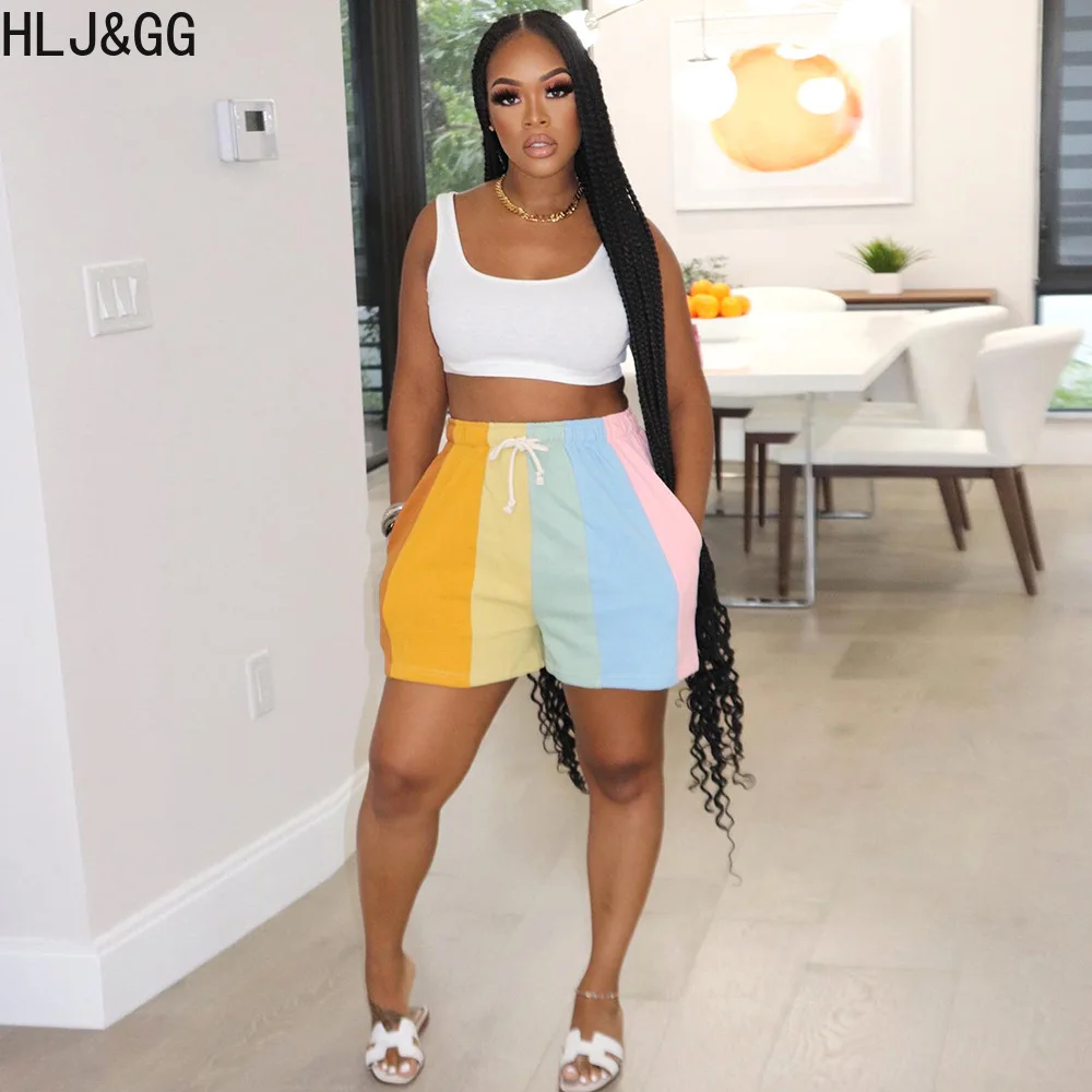 HLJ&GG Casual Multicolour Stitching Drawstring Shorts Women High Waist Loose Party Holidays Clothing Summer Female Pocket Shorts