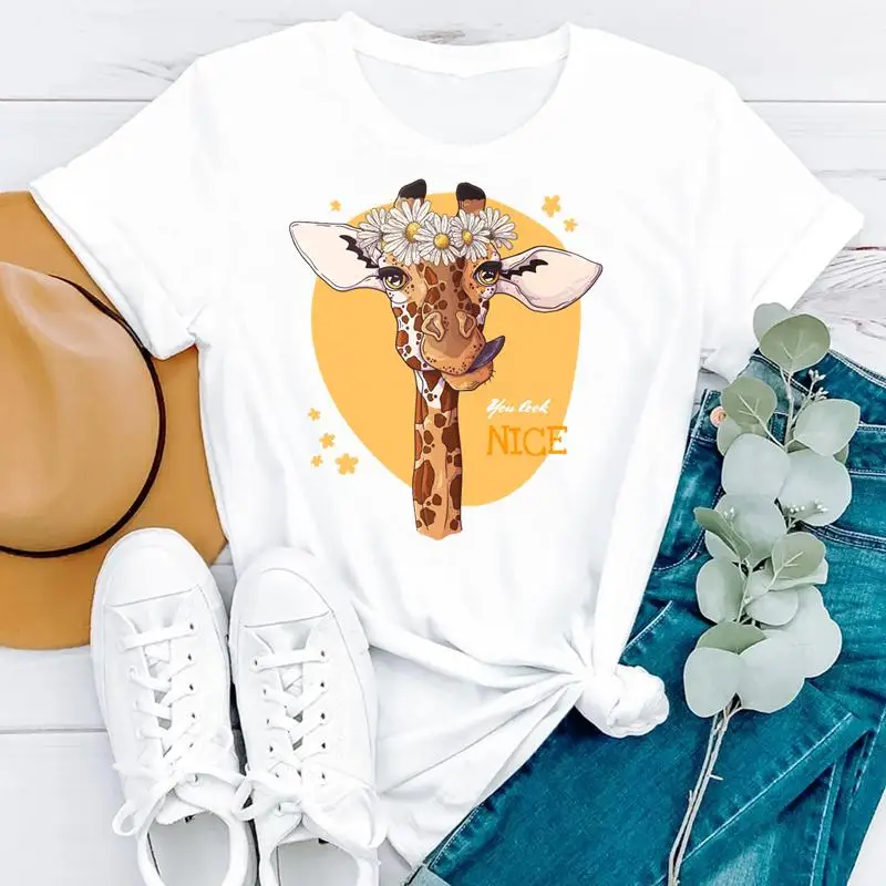 

Женская футболка с коротким рукавом, Забавный топ с принтом цветов и животных, футболка с графическим принтом для лета