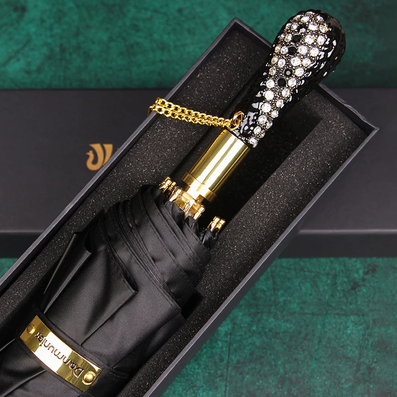 Черный деловой складной зонт роскошный с ручкой дрелью Солнцезащитный для