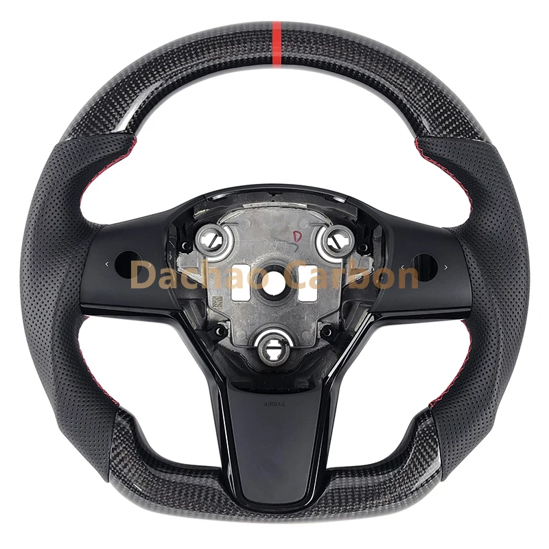 

High Quality Glossy Carbon Fiber Steering Wheel for Tesla Model 3 Model Y Black Perforated Leather Customized