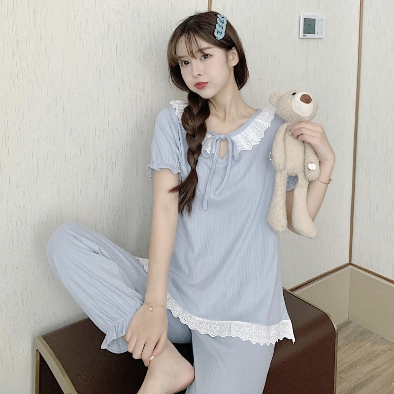 Summer ladies pajamas 2023 new cotton short-sleeved thin section princess style lace edge autumn homewear trousers 2-piece set