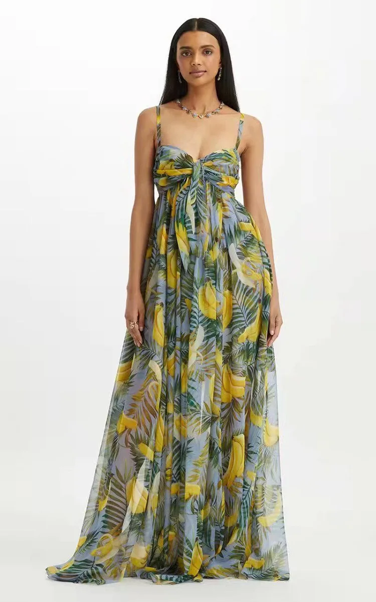 

Fashion Summer Women Chiffon Dress Floral Printed Bohemian Bowknot Banana Leaf Casual A Line Floor Length Long Maxi Vestidos