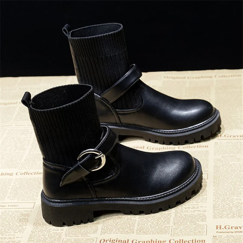 

Elastic thin boots women's 2022 autumn new thick-soled ankle boots with socks in the heel belt buckle brown boots