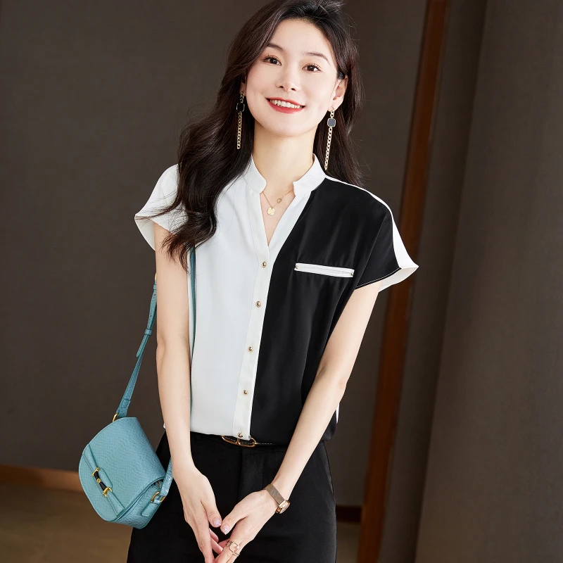 

2022 Summer Black And White Patchwork Office Lady Chiffon Korean Fashion Clothes For Women Shirts V-Neck Short Sleeve Female Top