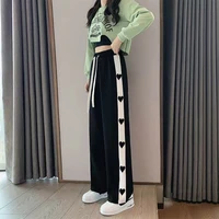 mingliusili heart print black and white panel pants for women korean fashion high waist casual all match oversized sweatpants