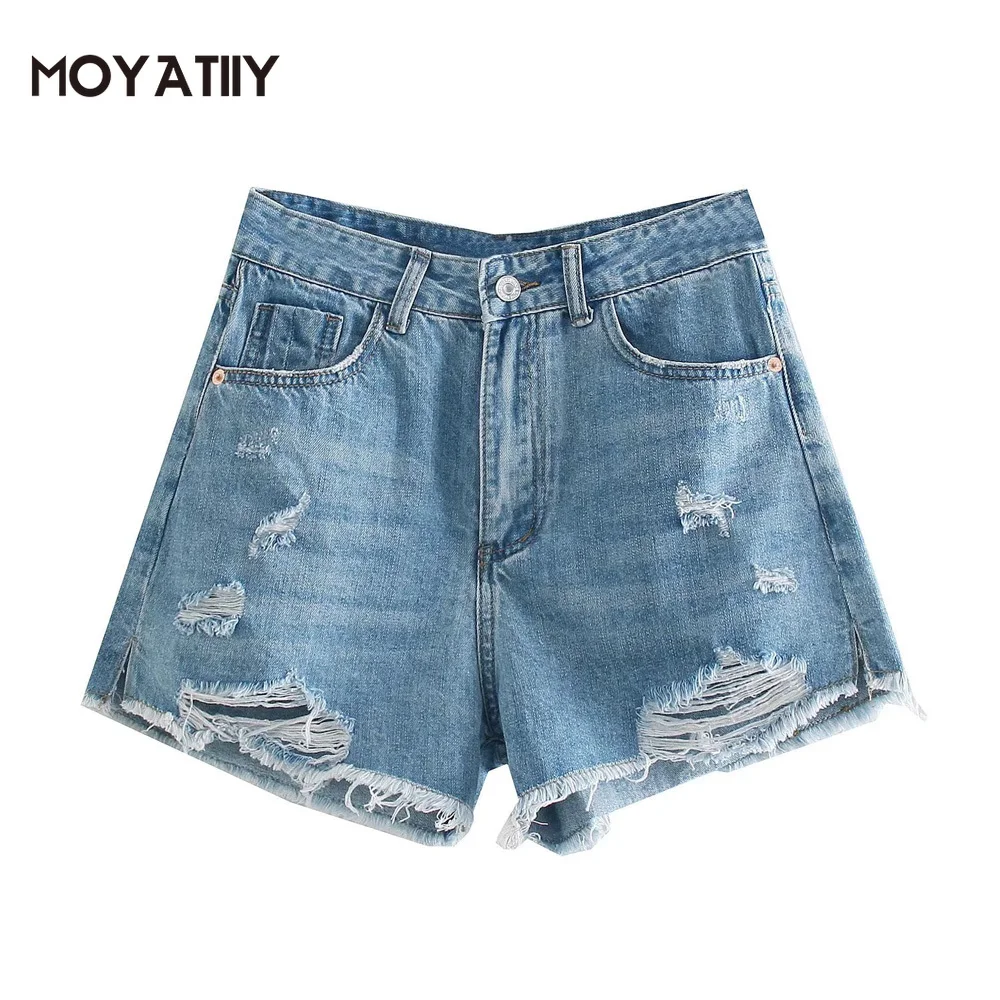 

MOYATIIY Women 2022 Fashion Denim Blue Shorts Casual Wide Legs Hole Design Short Jeans With Frayed Tassel Female Bottoms