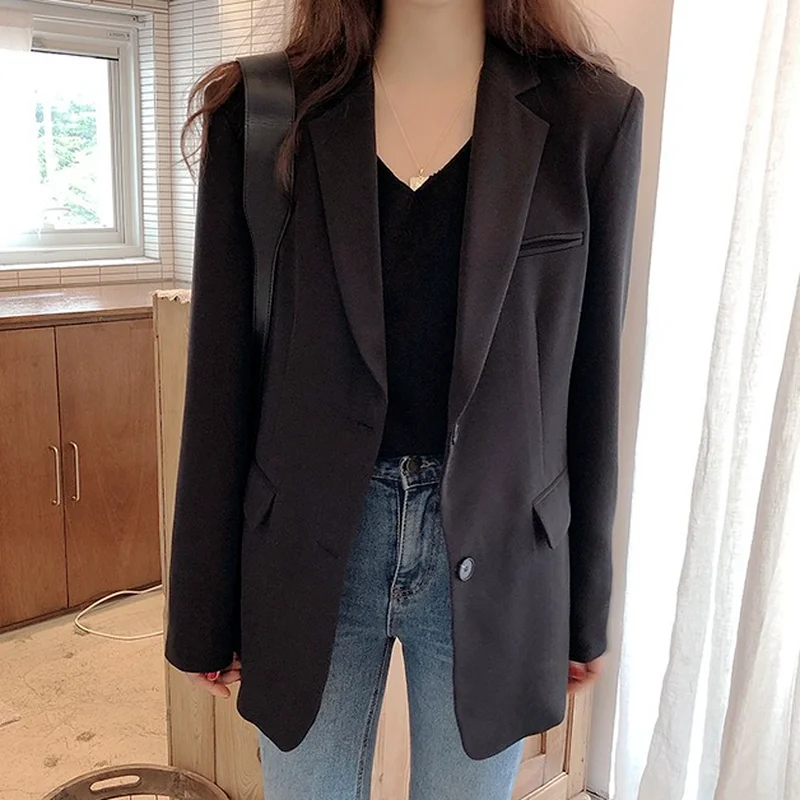 Korea Style Women Casual Blazer Grey Solid Colors Single Breasted Loose Suit Woman Spring Fashion Office Work Long Sleeve Blazer