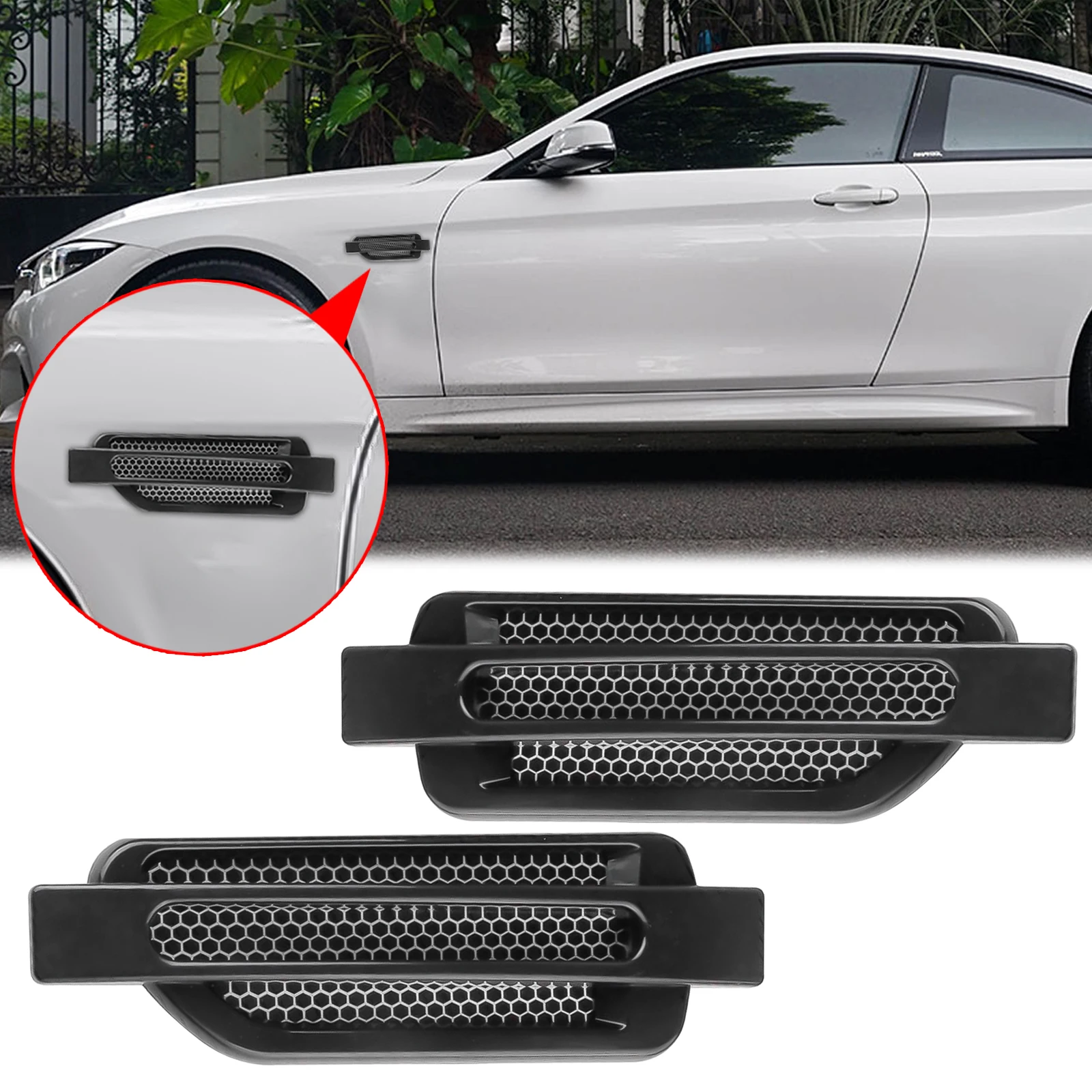 

2pcs Black Sport Shark Shape Side Door Fender Air Flow Vent Cover Trim Car SUV Decoration Stickers