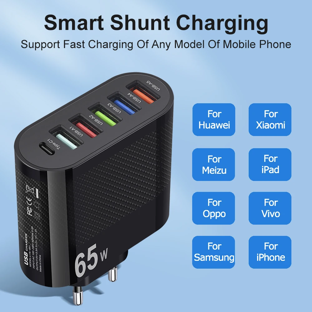 PD 65W Six Port USB Charger Quick Charging Type C Charger Fast Charger For IPhone 13 14 Pro Xiaomi Samsung Phone Charger Adaptor