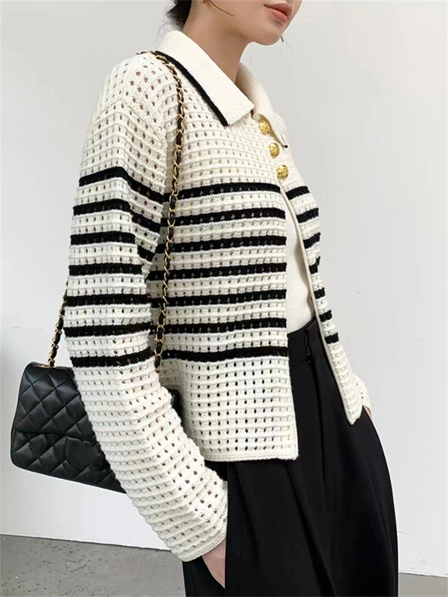 

Женский короткий кардиган в полоску, элегантный свитер с отложным воротником, Осень-зима 2022