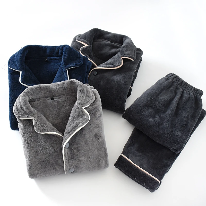 

Homewear 2PC Male Trousers Fleece Sleeve Size Long Sleepwear Pants Coral Plus Warm Men Thick Pajamas Winter Sets Thermal Flannel