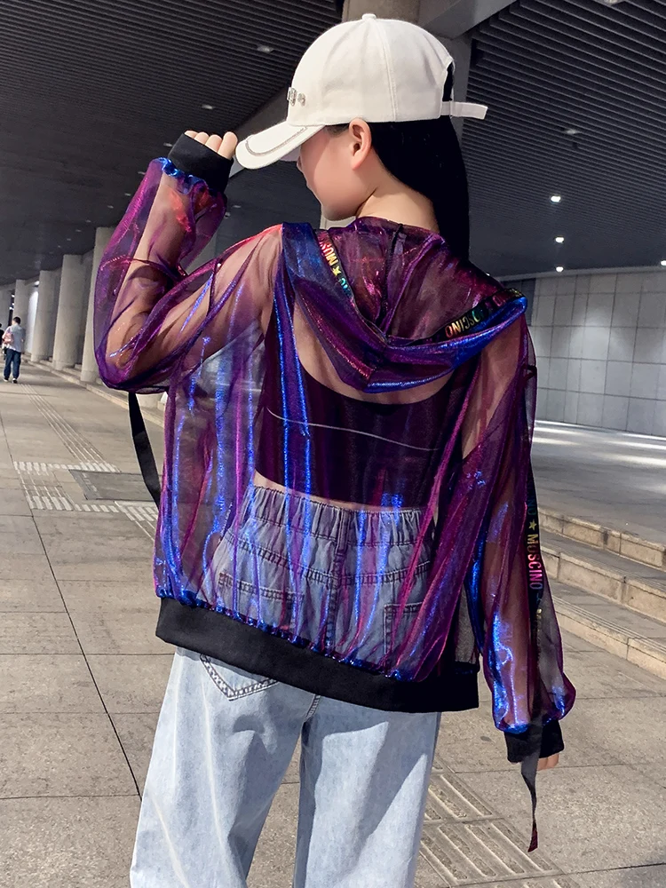 

2023 Women Jackets Harajuku Coats and Jacket Streetwear Windbreaker Loose Ribbon Baseball Uniform Shine Perspective Blouse
