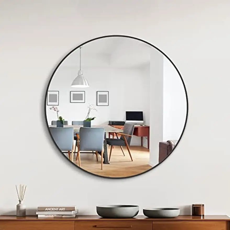

32'' Large Round Mirror for Bathroom, Entryway, Bedroom, & Living Room. Metal Hanging Circle Mirror for Vanity(32'', Black)