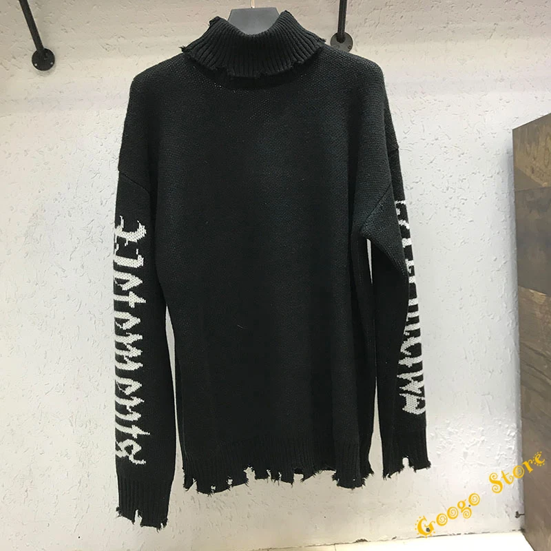 Hip-Hop Damage Distressed Vetements Turtleneck Pullovers Men Women 1:1 Best Quality Sleeves Woven White Letter Mark VTM Sweaters